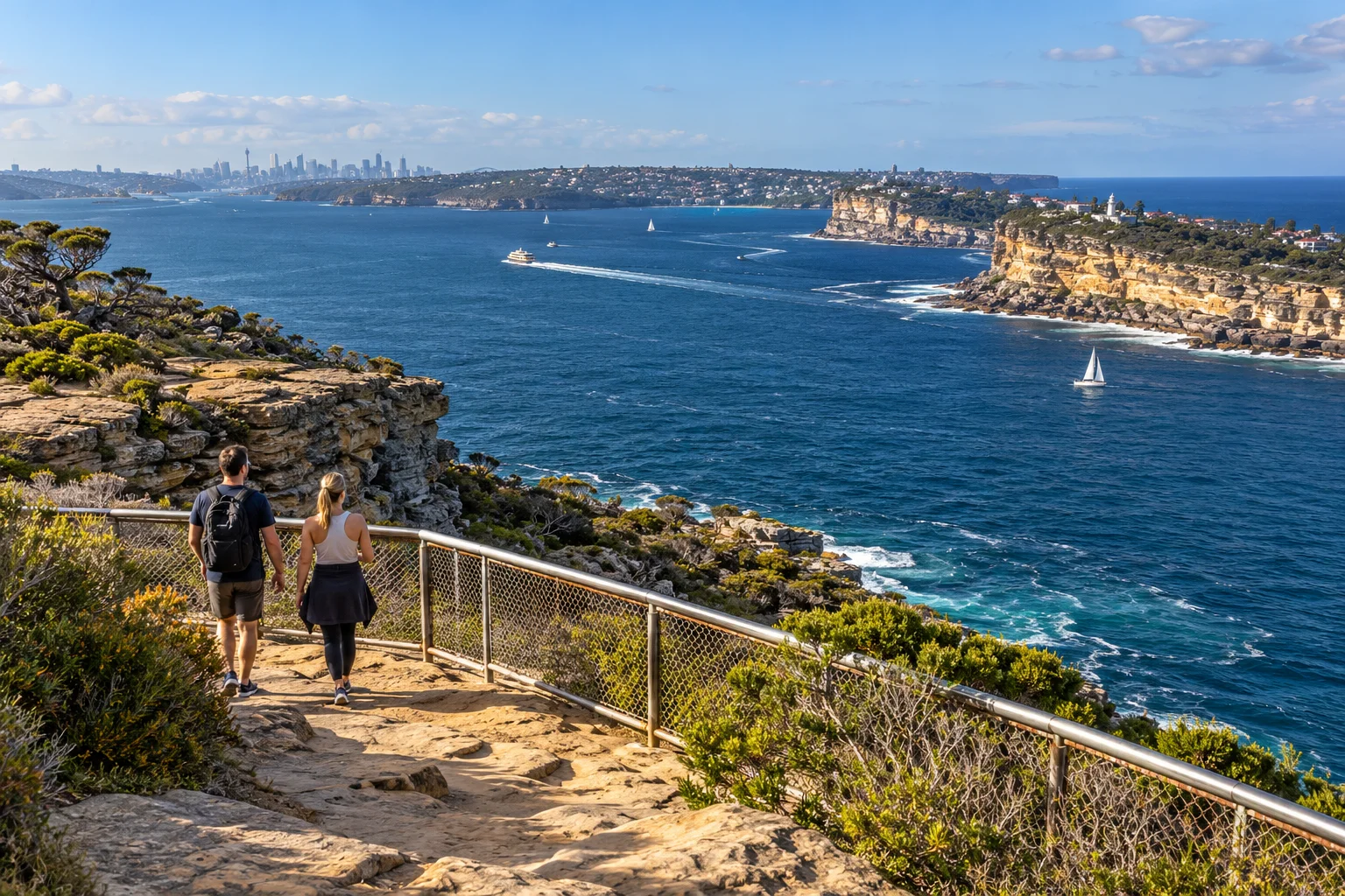 Illustrative sandstone headland viewpoint overlooking Sydney Harbour